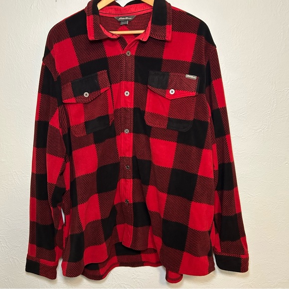 Eddie Bauer Men's Fleece Red and Black Plaid Button-Up XXL - Picture 1 of 4